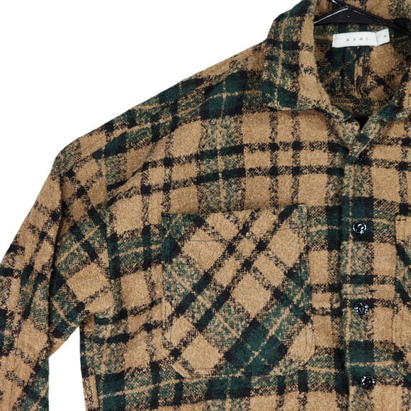 mnml Shacket Shirt Jacket M Men Plaid Loose Woven Flannel Brown Green Raw Hem - Picture 10 of 16